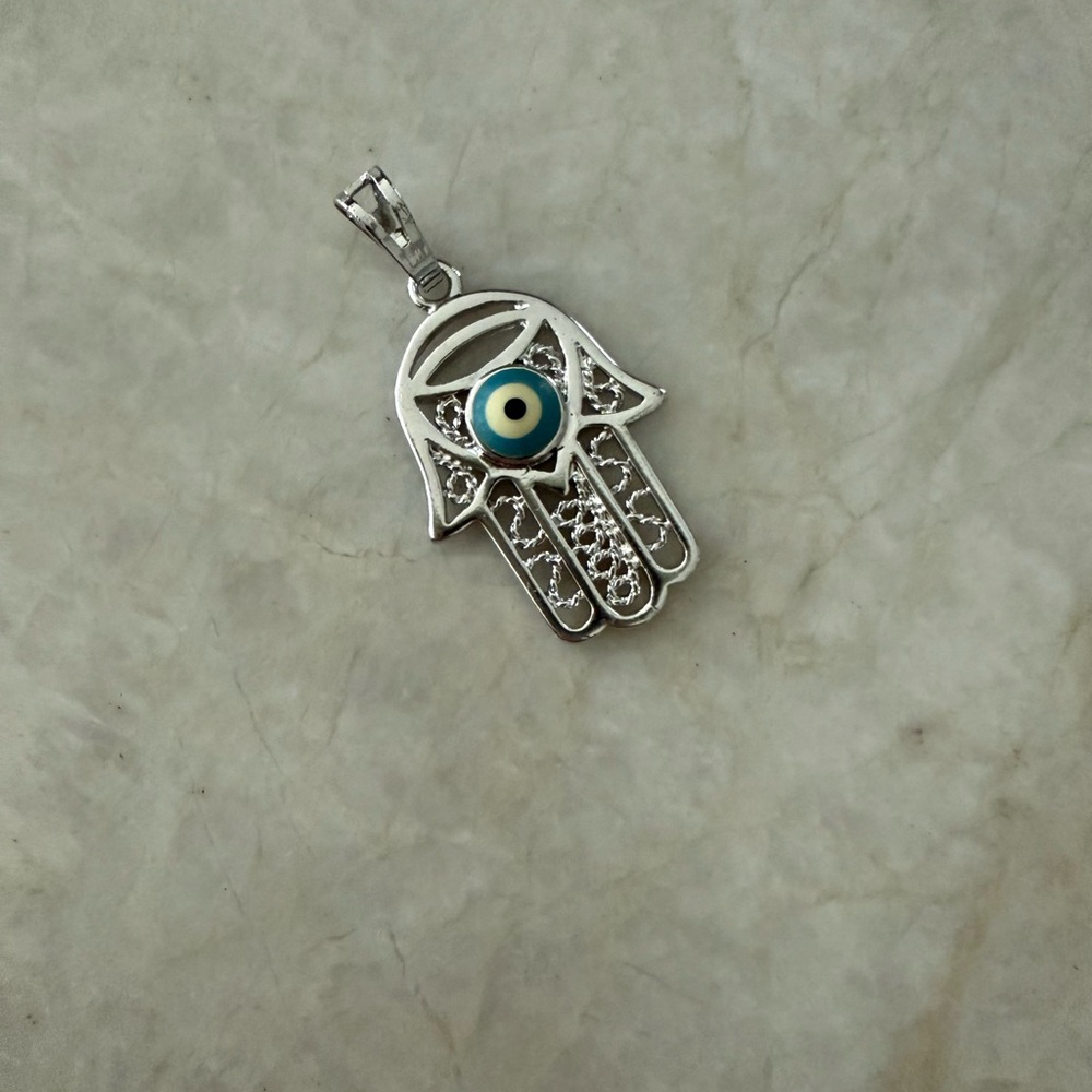 Silver Hamsa Hand Pendant with Blue Eye